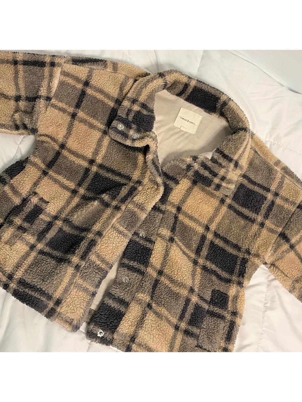Thread and supply plaid fuzzy sherpa button up jacket brown & black & tan large
